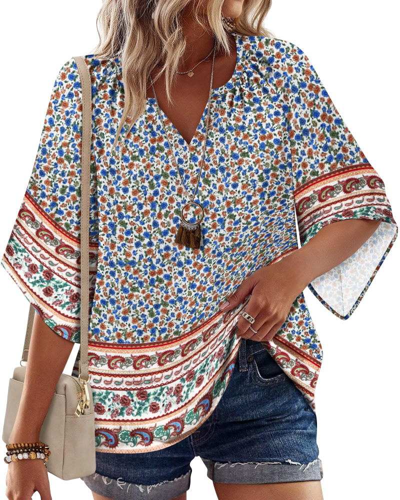 Vivienne Bohemian Women's Shirt – V-Neck Henley Blouse with Floral Print and Flared Sleeves