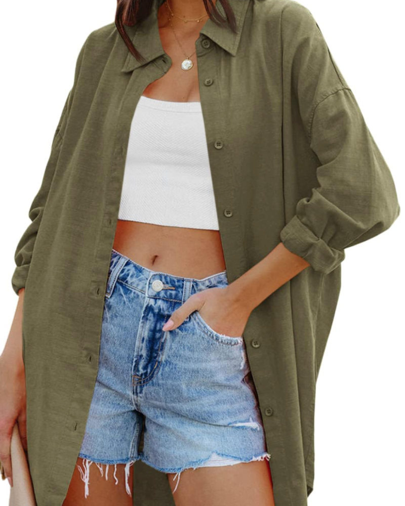 Blusa Ella Donna – Oversize con Bottoni, Maniche Lunghe e Tasche