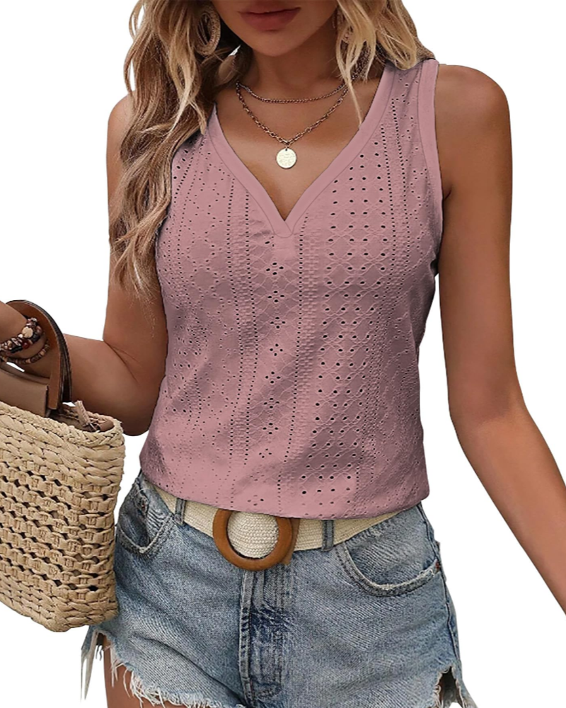 Claire Dames Topje met Borduursel – Mouwloos V-hals Elegant Geperforeerd voor de Zomer