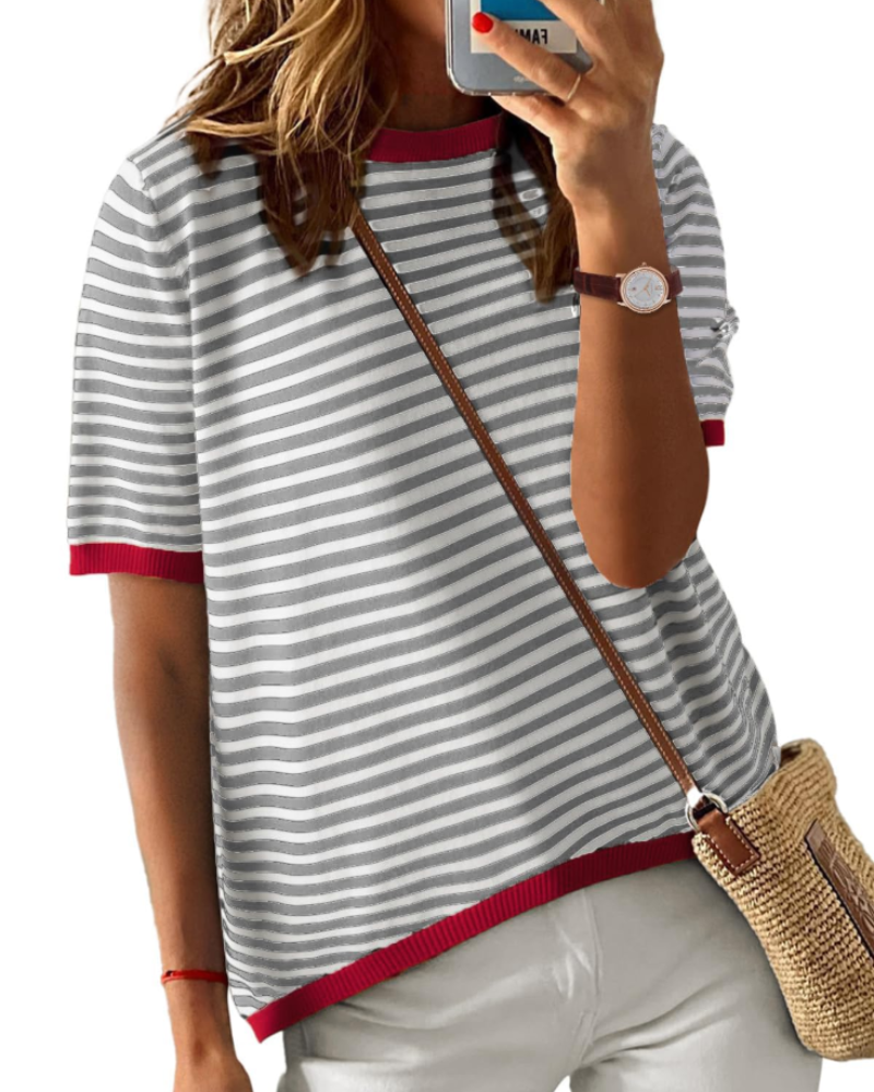 Charlotte Haut Malha Listrada Mulher – T-shirt Gola Redonda Leve com Mangas Curtas
