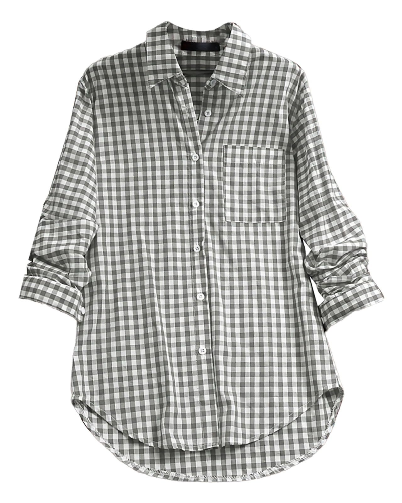 Blusa Charlotte para mujer verano – Cuadros, cuello en V, abotonada, mangas largas