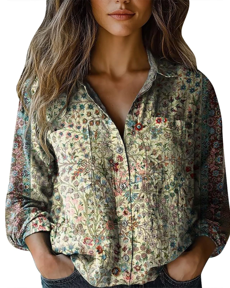 Amelia Bluse til kvinder sommer – blomsterprintet hør med V-hals, knapper og lange ærmer