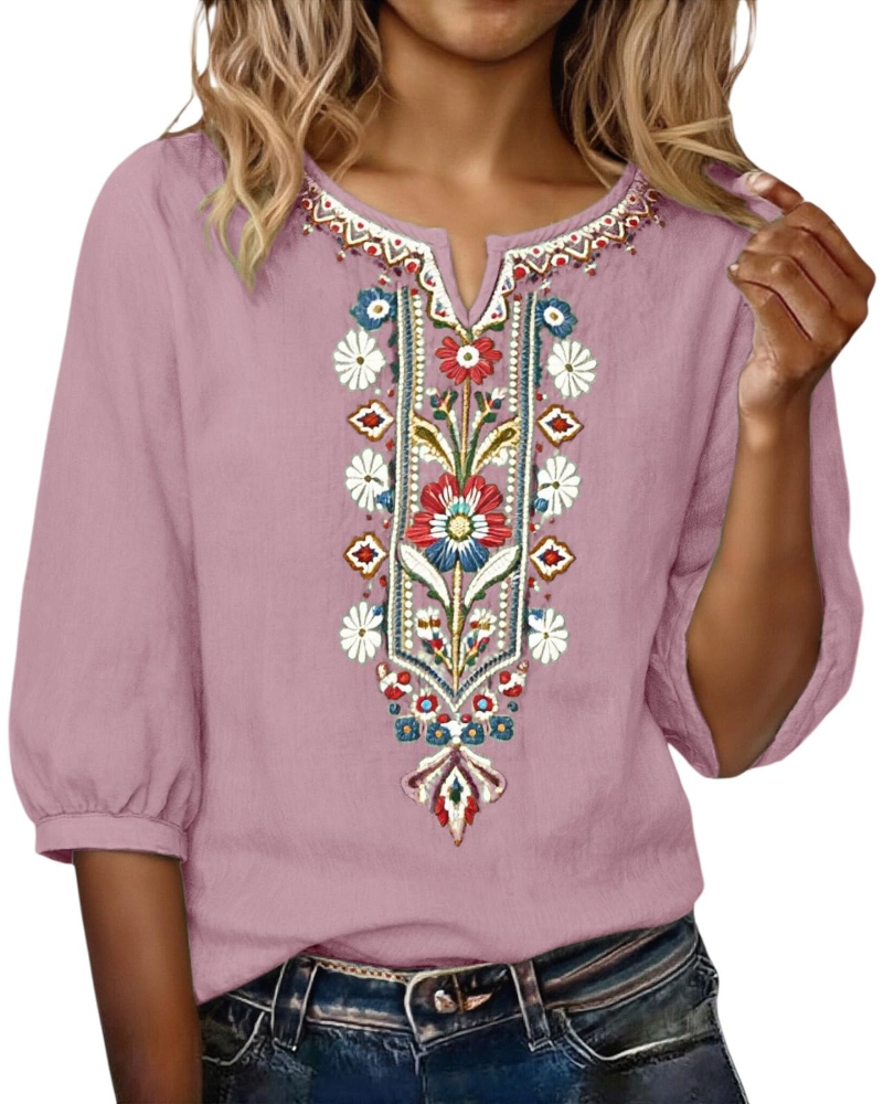 Blusa Sarah Mulher Verão – Linho Algodão Bordado Floral Decote em V