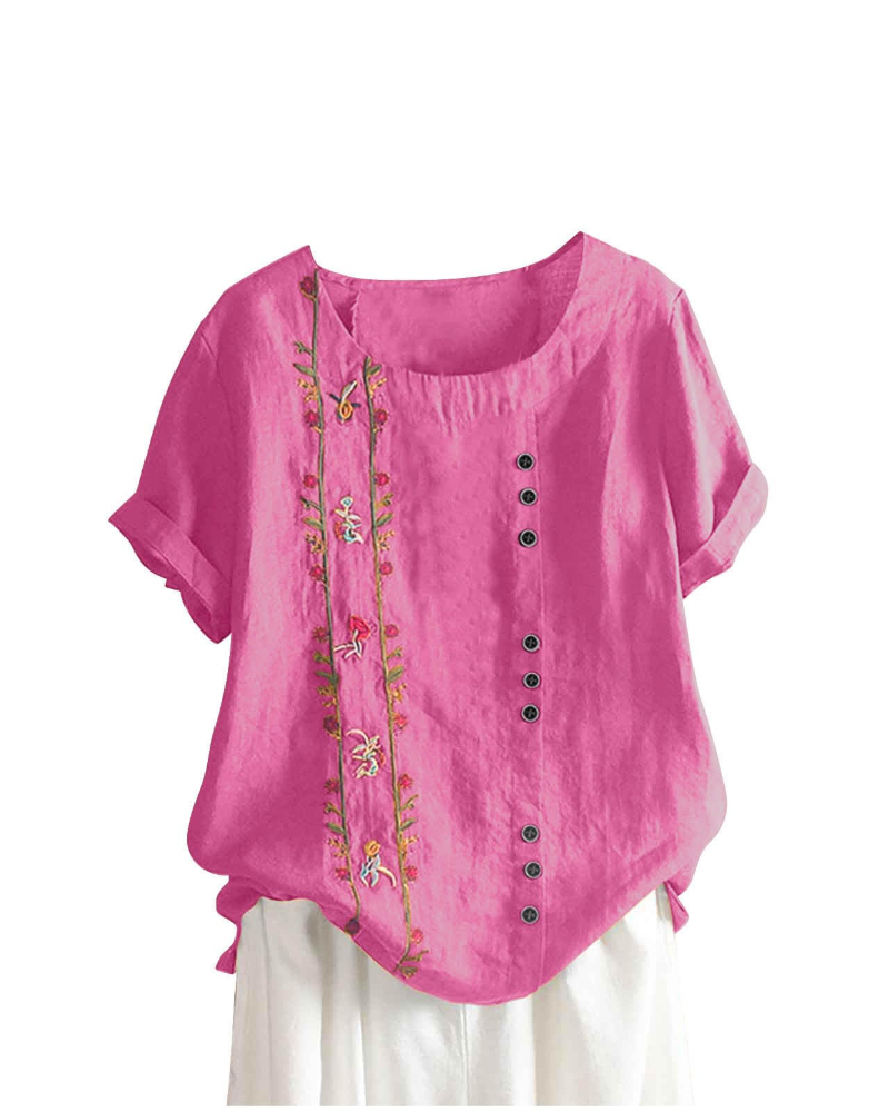Amelia Chemisier Femme en Lin – Blouse Fleurie Coton & Lin à Manches Courtes