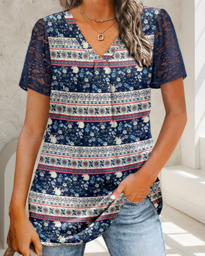 Fenna Chemisier Dentelle Femme – Blouse Col V à Manches Courtes Élégante