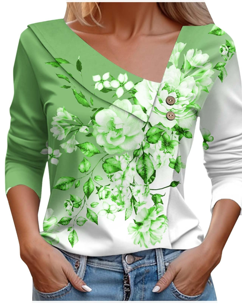 T-shirt estivo donna Emily – Scollo a V con stampa, maniche lunghe leggere