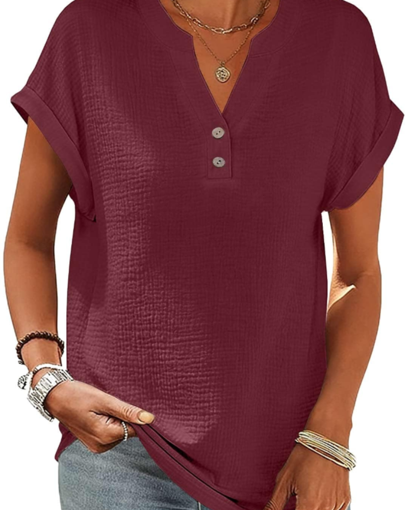 Olivia Bluse Damen Sommer – Leinen Baumwolle V-Ausschnitt Knopfleiste Kurzarm