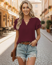 T-shirt Adele Mulher Verão – Decote em V Mangas Curtas Assimétricas