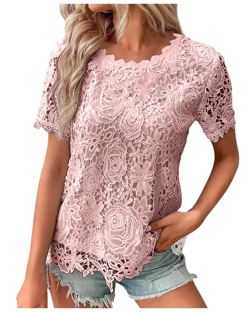 Sophie Bluse Damen Sommer – Spitzen Rundhalsausschnitt Volantärmel