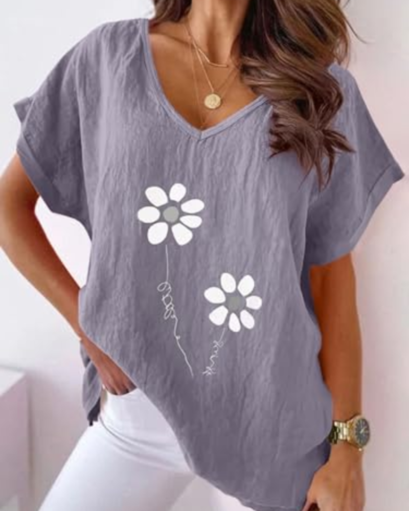 Γυναικείο T-Shirt Daisy Καλοκαίρι – Ζωντανό Ροζ V Λαιμόκοψη με Εκτύπωση Μαργαρίτες