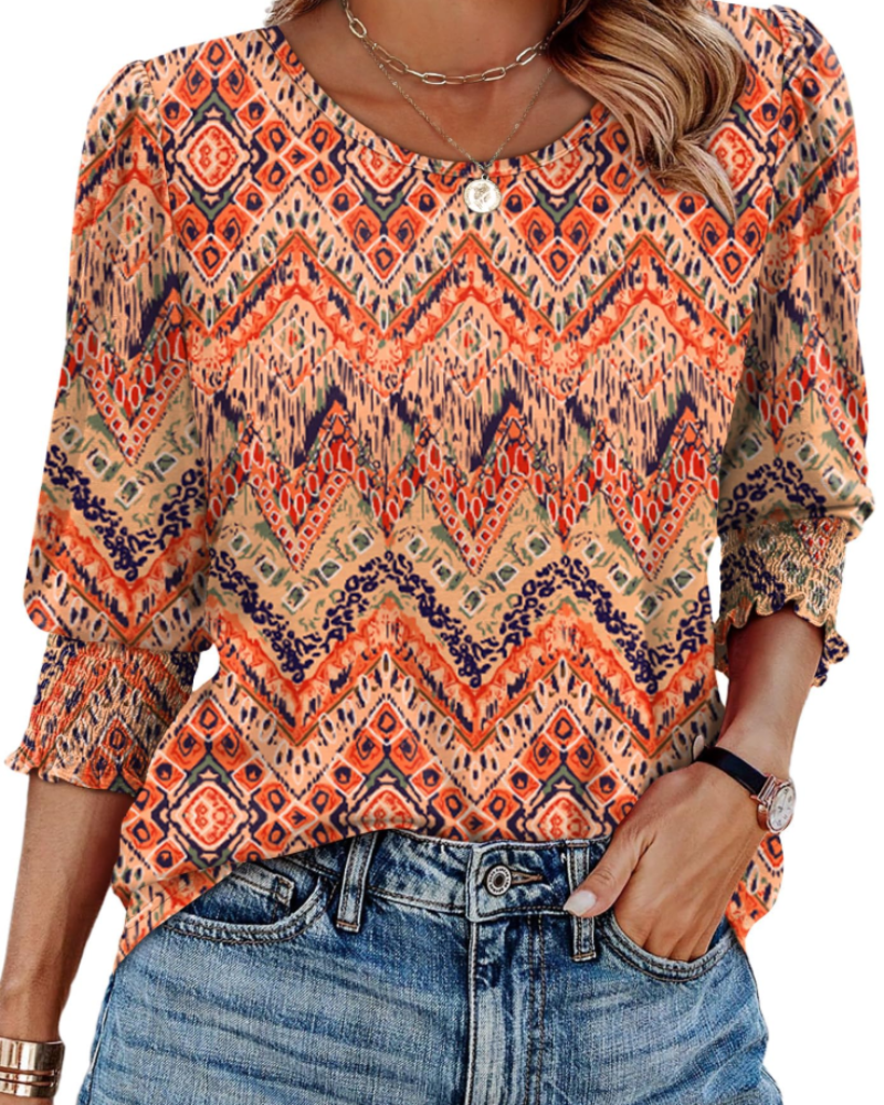 Sophie Blouse Femme Élégante – Manches 3/4 Froncées Col Rond