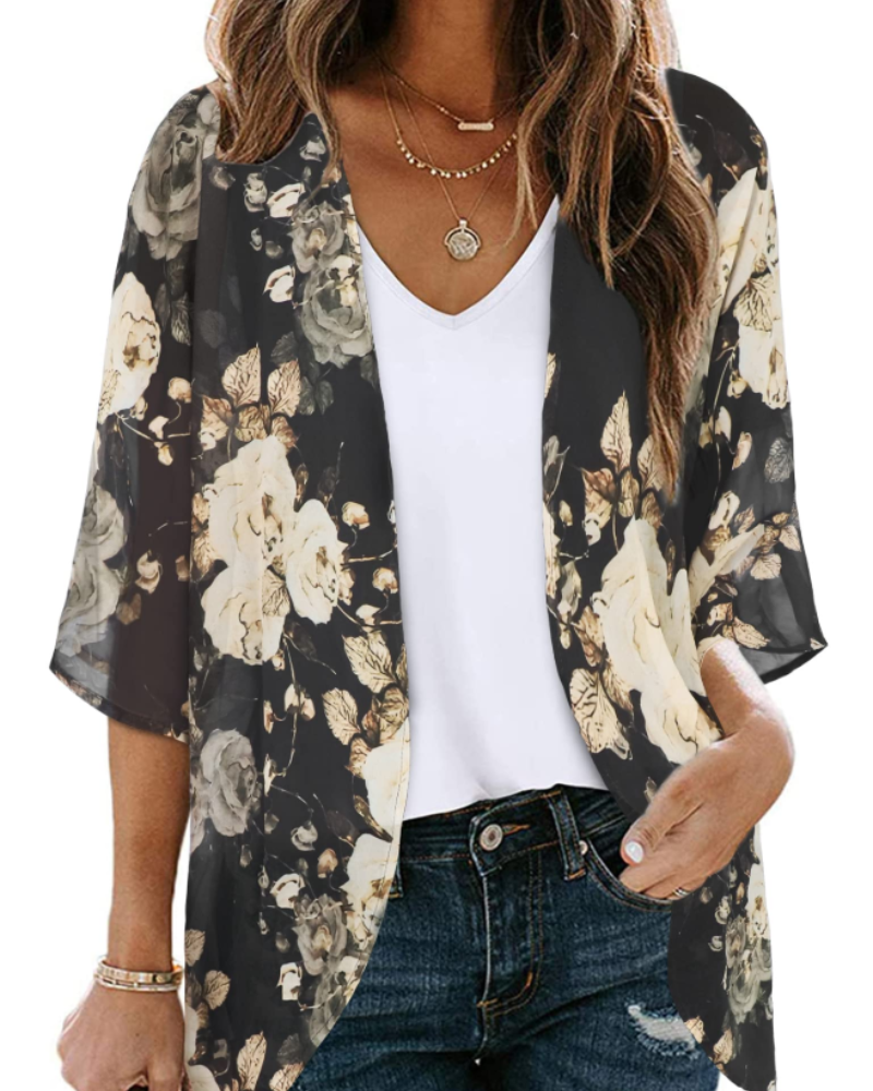 Bianca Kimono Kvinde Boheme – Let Blomstret Vest i Mousseline med 3/4-Ærmer