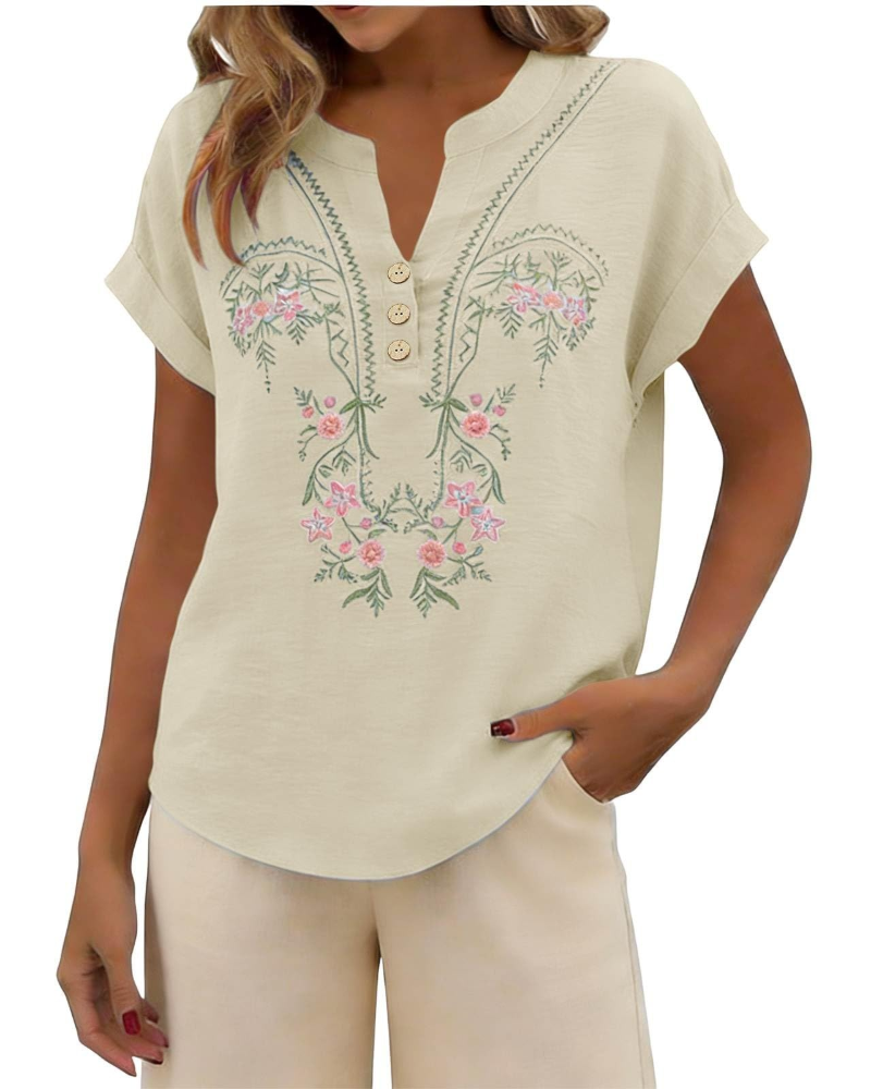 Dallie Damenbluse Sommer – Leinen mit floraler Stickerei, V-Ausschnitt, Knopfleiste