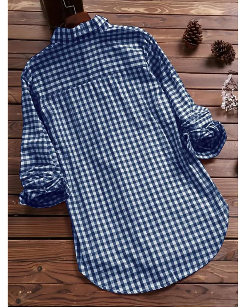 Blusa Charlotte para mujer verano – Cuadros, cuello en V, abotonada, mangas largas