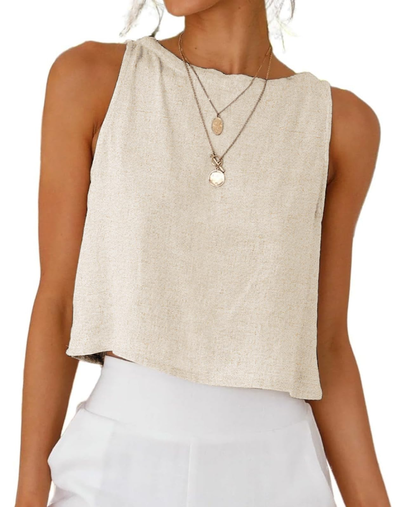 Top Sienna para Mulher em Linho – Blusa Curta Sem Mangas com Botões Elegantes nas Costas