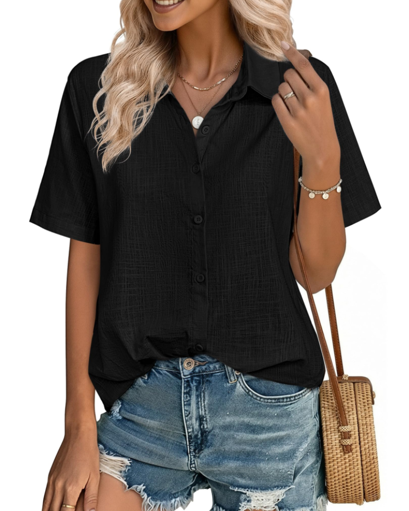 Phia Chemisier Femme en Coton-Lin – Blouse Col V Boutonnée à Manches Courtes d’Été