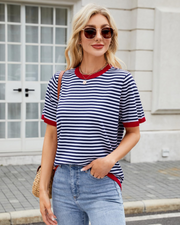 Charlotte Haut Malha Listrada Mulher – T-shirt Gola Redonda Leve com Mangas Curtas