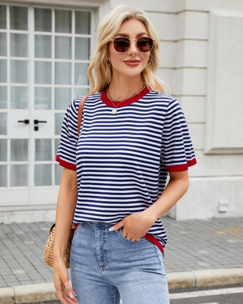 Charlotte Haut Malha Listrada Mulher – T-shirt Gola Redonda Leve com Mangas Curtas