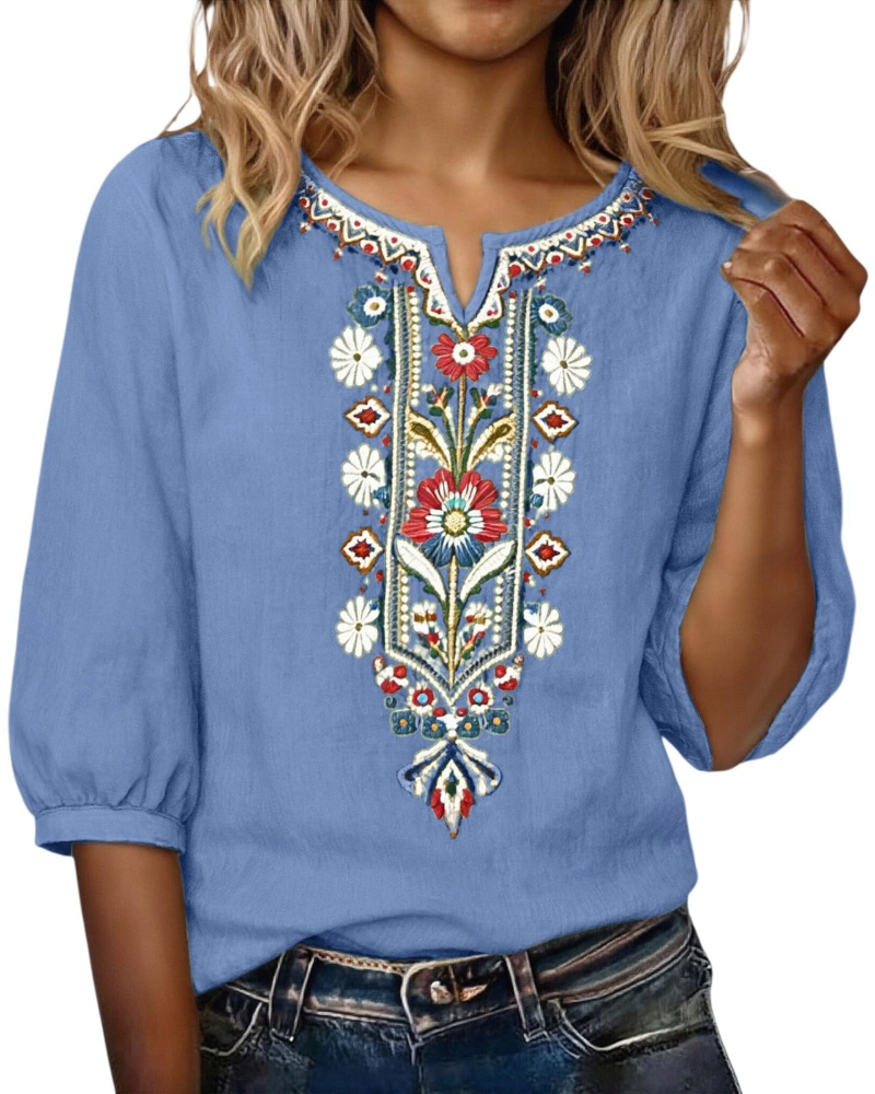 Blusa Sarah Mulher Verão – Linho Algodão Bordado Floral Decote em V