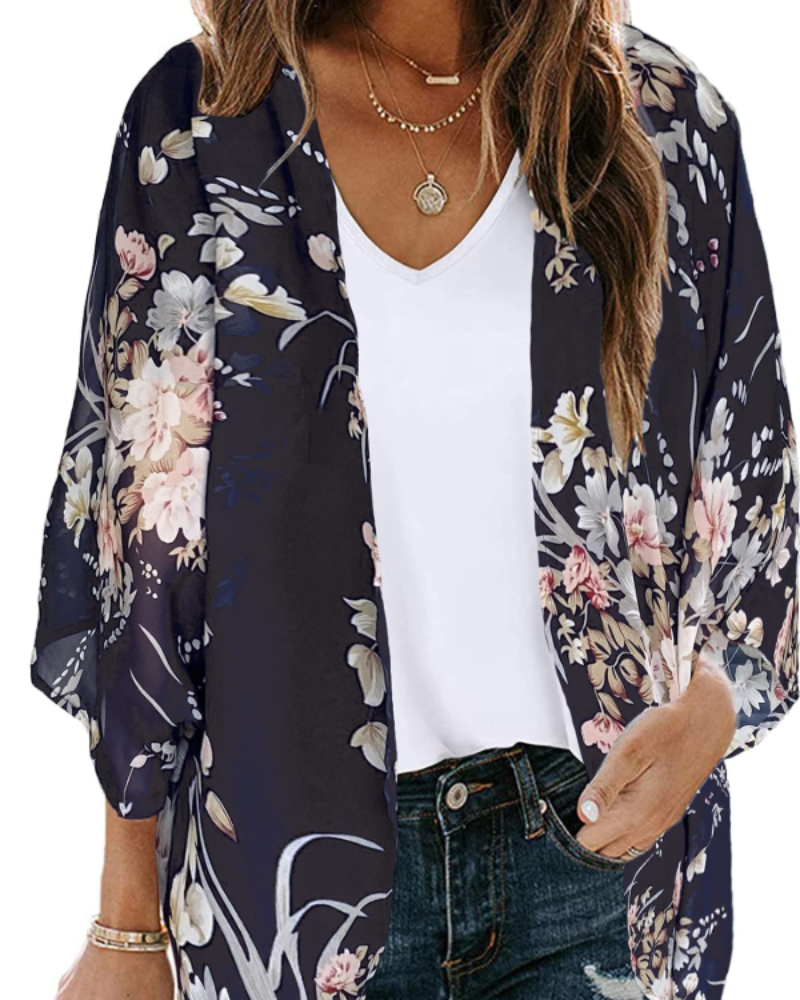 Bianca Kimono Kvinde Boheme – Let Blomstret Vest i Mousseline med 3/4-Ærmer