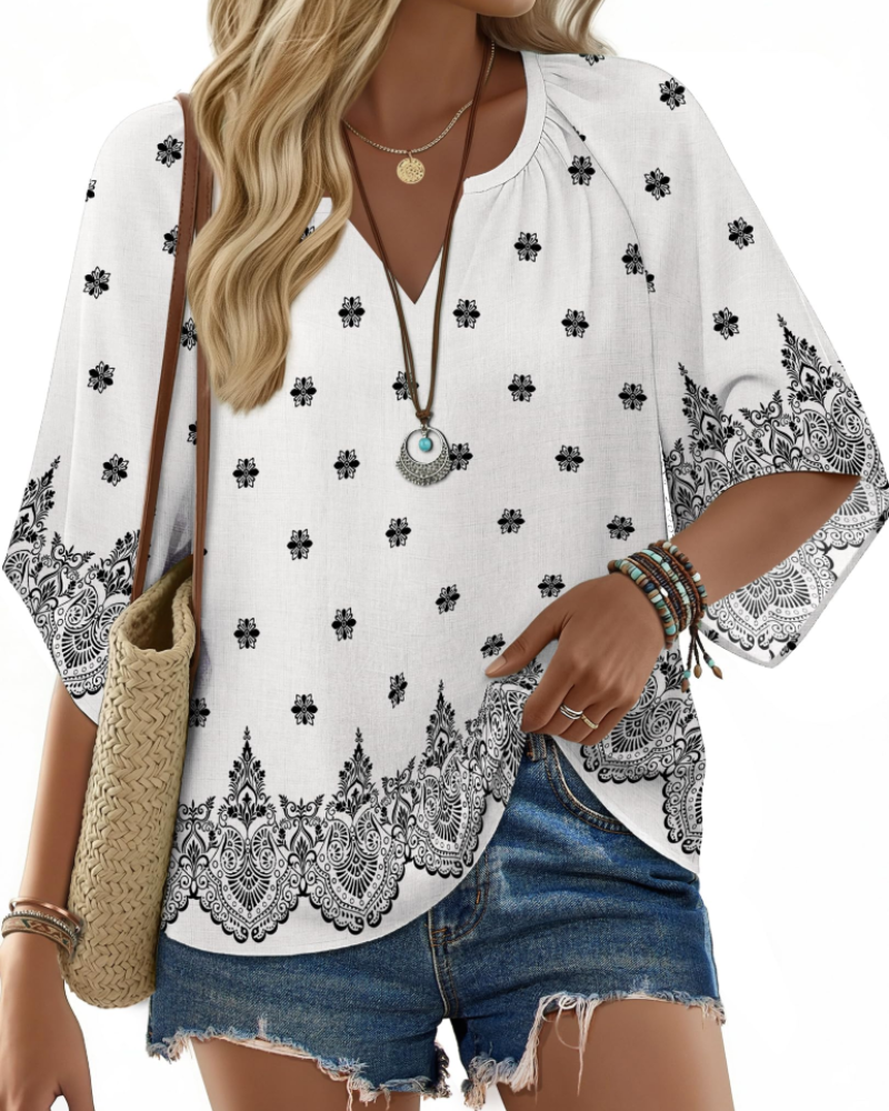 Vivienne Bohemian Women's Shirt – V-Neck Henley Blouse with Floral Print and Flared Sleeves