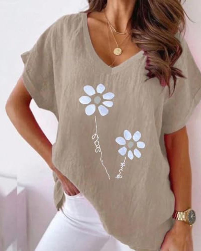 Γυναικείο T-Shirt Daisy Καλοκαίρι – Ζωντανό Ροζ V Λαιμόκοψη με Εκτύπωση Μαργαρίτες