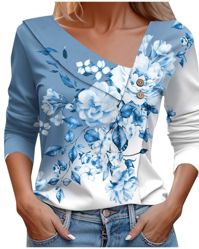 T-shirt estivo donna Emily – Scollo a V con stampa, maniche lunghe leggere