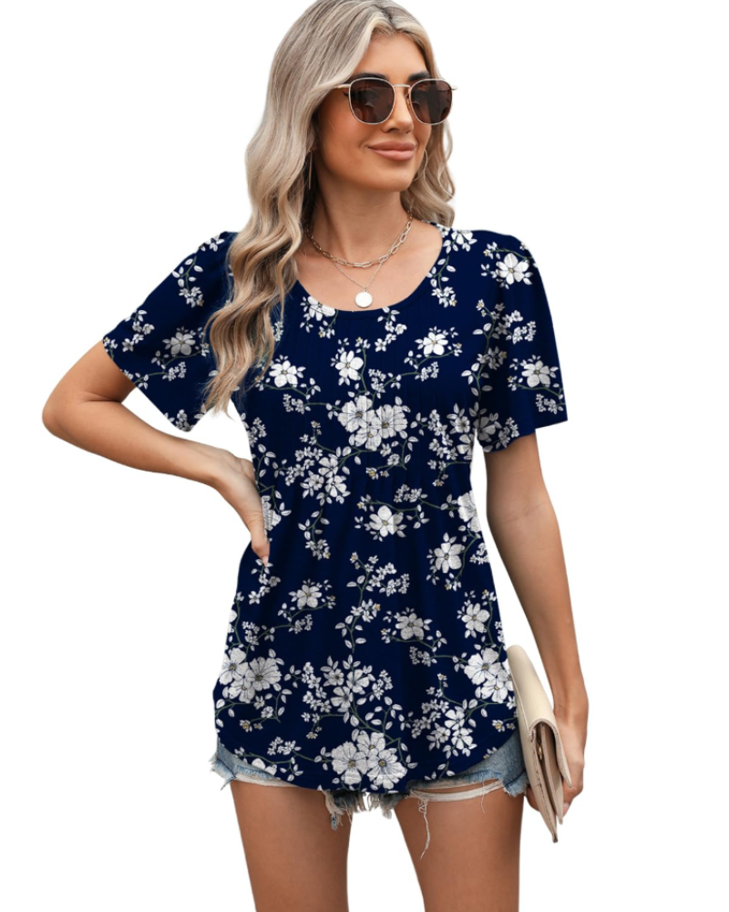 Elena Blouse Femme Été – Florale Manches Courtes Coupe Ample