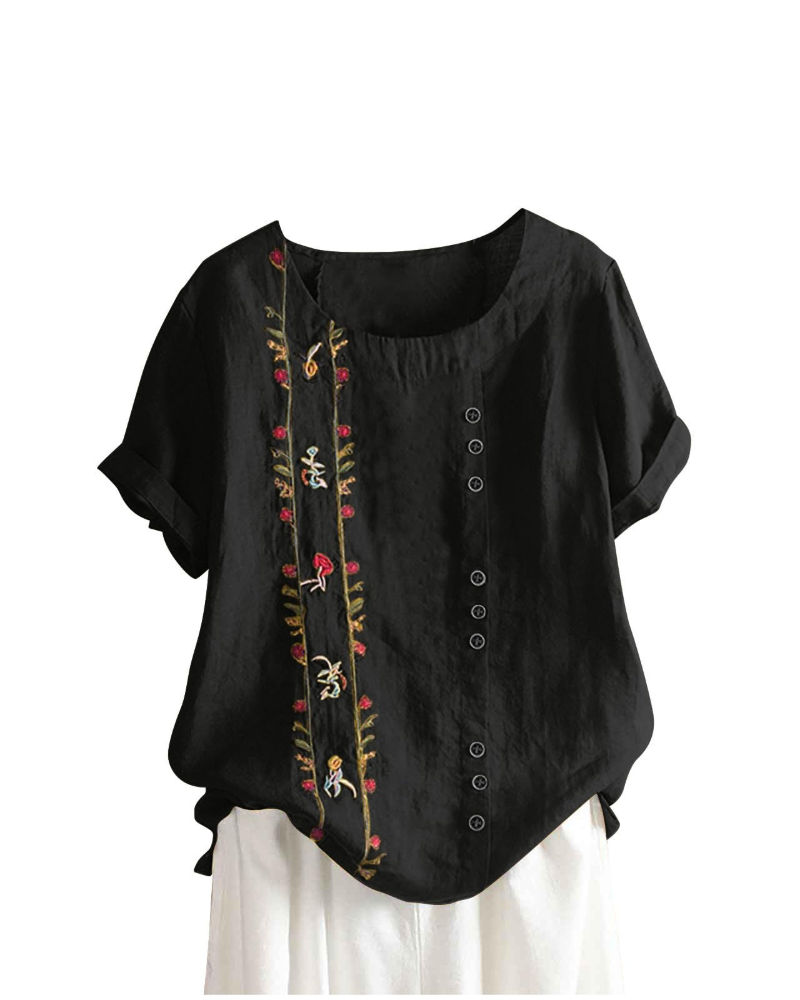Amelia Chemisier Femme en Lin – Blouse Fleurie Coton & Lin à Manches Courtes