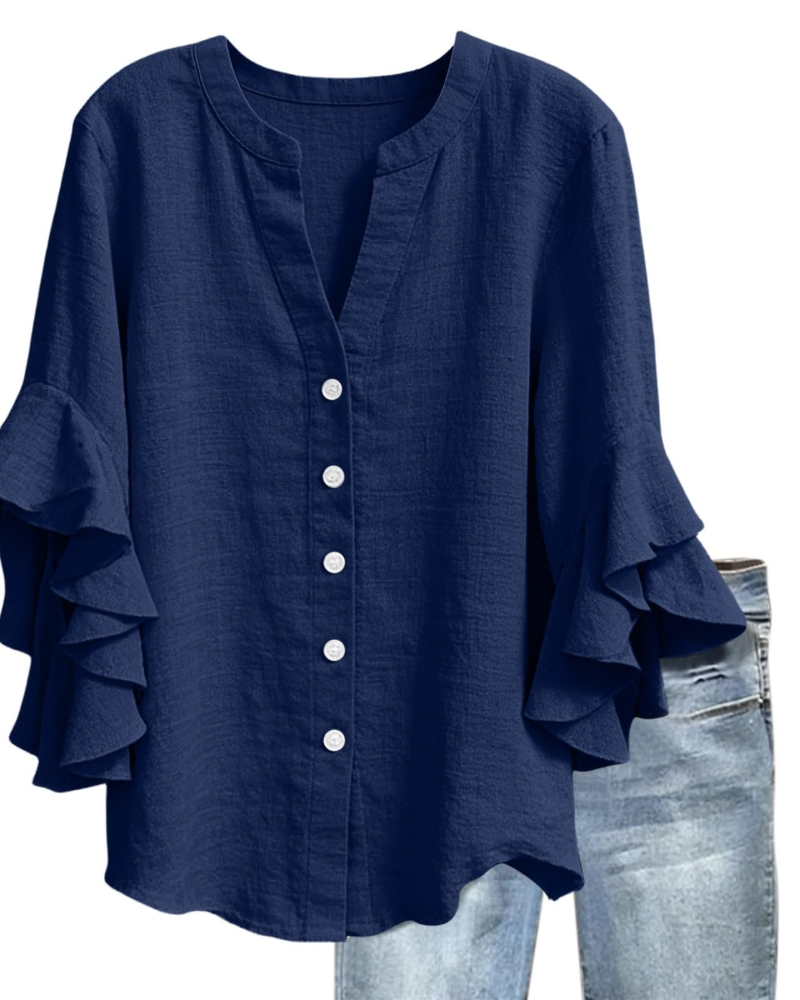 Blusa Megan Donna – Scollo a V Maniche 3/4 con Volant Stampata