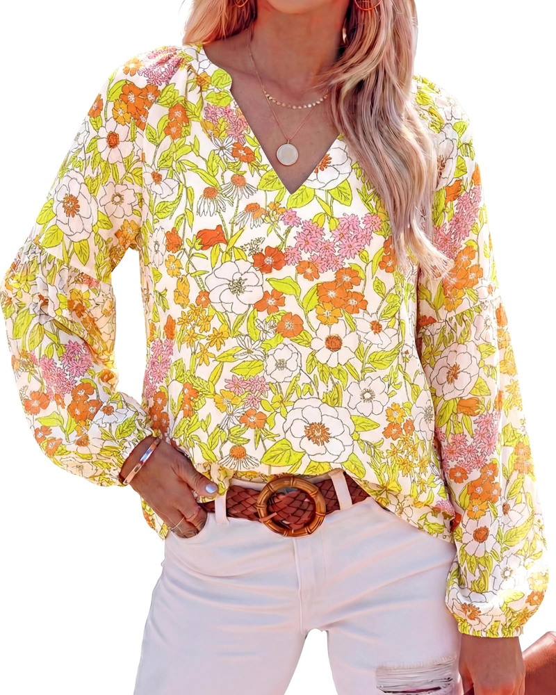 Blusa Paisley Mujer Floral – Blusa Bohemia con Cuello en V y Mangas Largas de Gasa