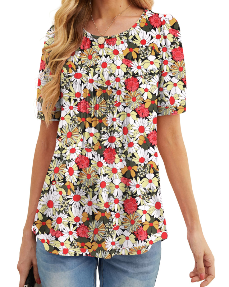 Lena T-Shirt Femme Été – Floral Col Rond Plissé Manches Courtes