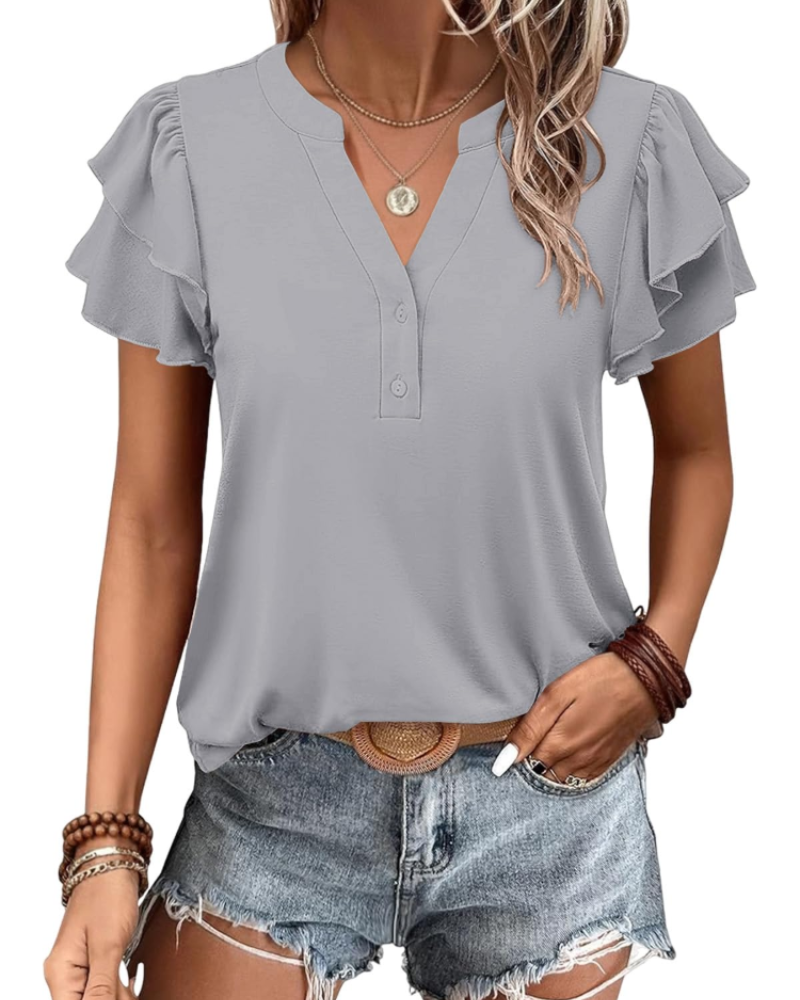 T-shirt Adele Mulher Verão – Decote em V Mangas Curtas Assimétricas