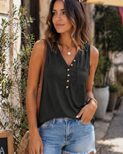 Virelle Damen-Top – Ärmelloses Henley V-Ausschnitt-Top mit Tasche & weitem Schnitt