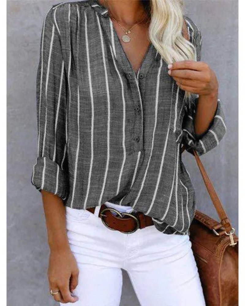 Tifanny Losse blouse Dames – Top met V-hals en knopen, opgerolde mouwen en casual stijl
