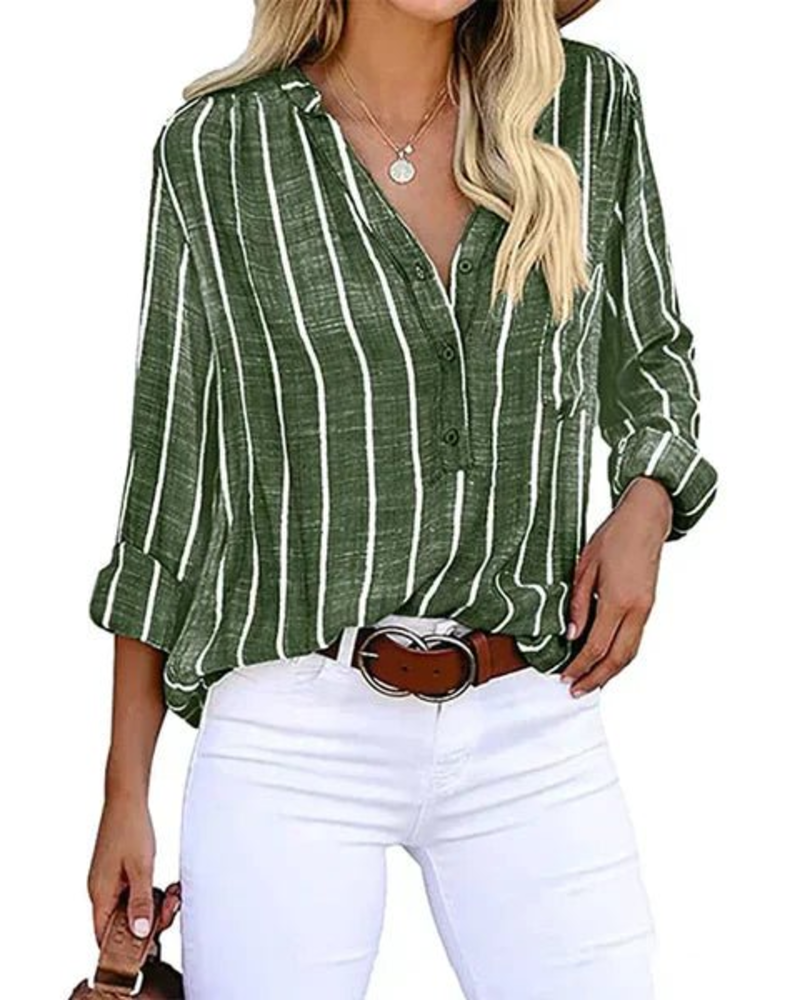 Tifanny Losse blouse Dames – Top met V-hals en knopen, opgerolde mouwen en casual stijl