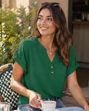 Manon Top Femme – Blusa Henley con Cuello en V Abotonado, Corte Fluido Casual Chic Verano