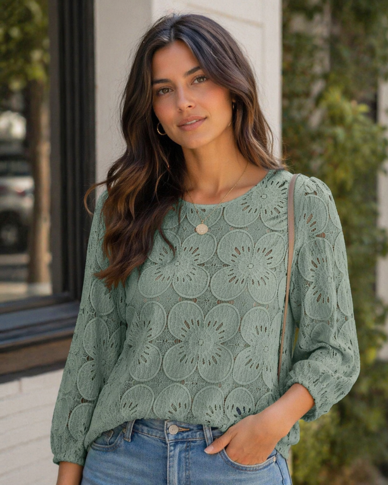 Nolia Women's Blouse – Eyelet Top with Voluminous 3/4 Sleeves, Elegant Casual Chic Style