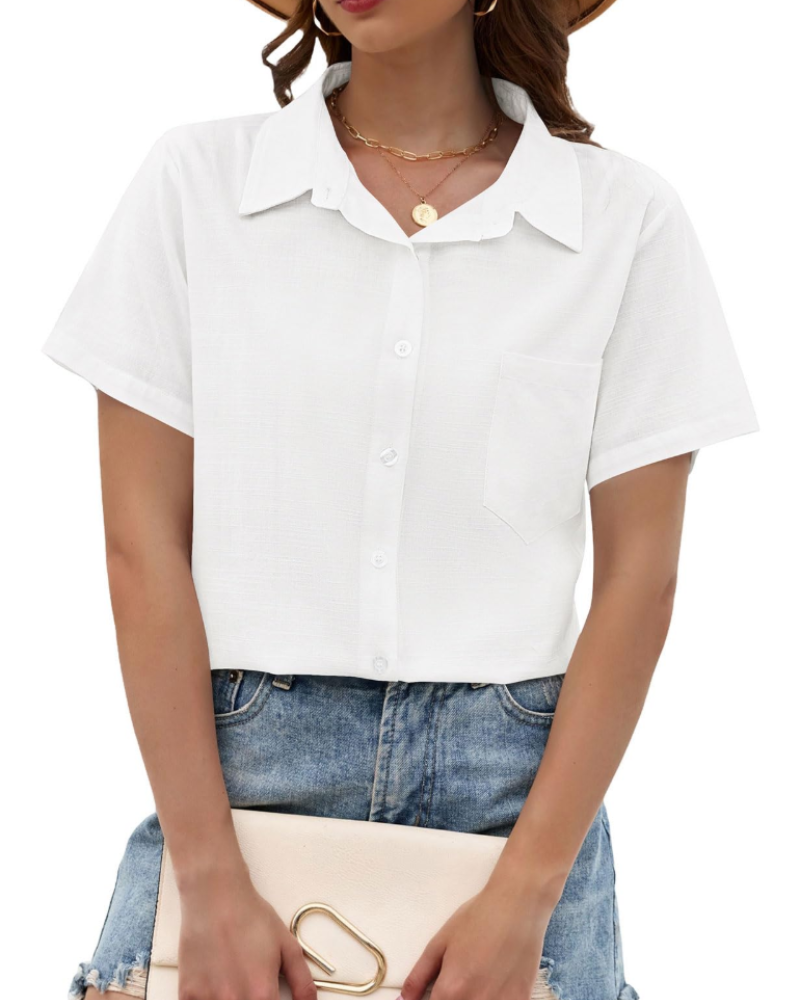 Kelsey Blouse Femme Été – Lin Coton Col V Boutons Manches Courtes