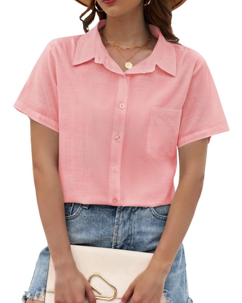 Kelsey Blouse Femme Été – Lin Coton Col V Boutons Manches Courtes