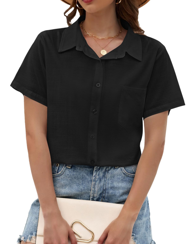 Kelsey Blouse Femme Été – Lin Coton Col V Boutons Manches Courtes