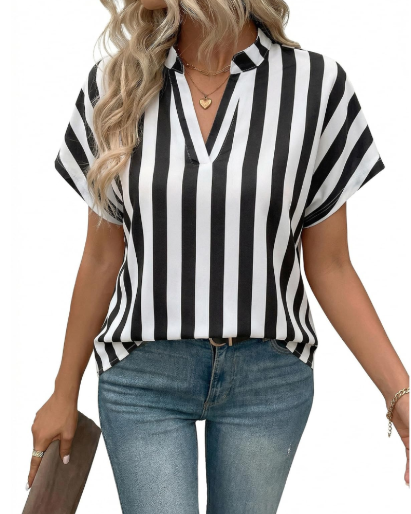 Bluza Phoebe pentru femei vară – Guler în V, cu dungi, mâneci scurte