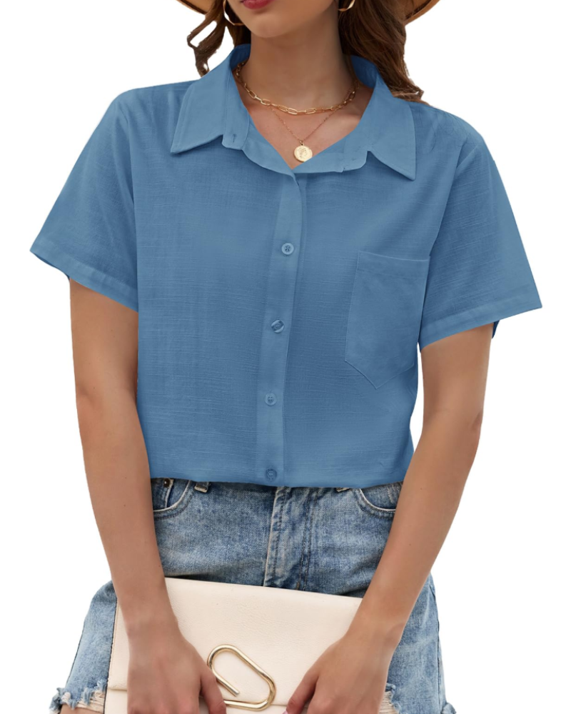 Kelsey Blouse Femme Été – Lin Coton Col V Boutons Manches Courtes