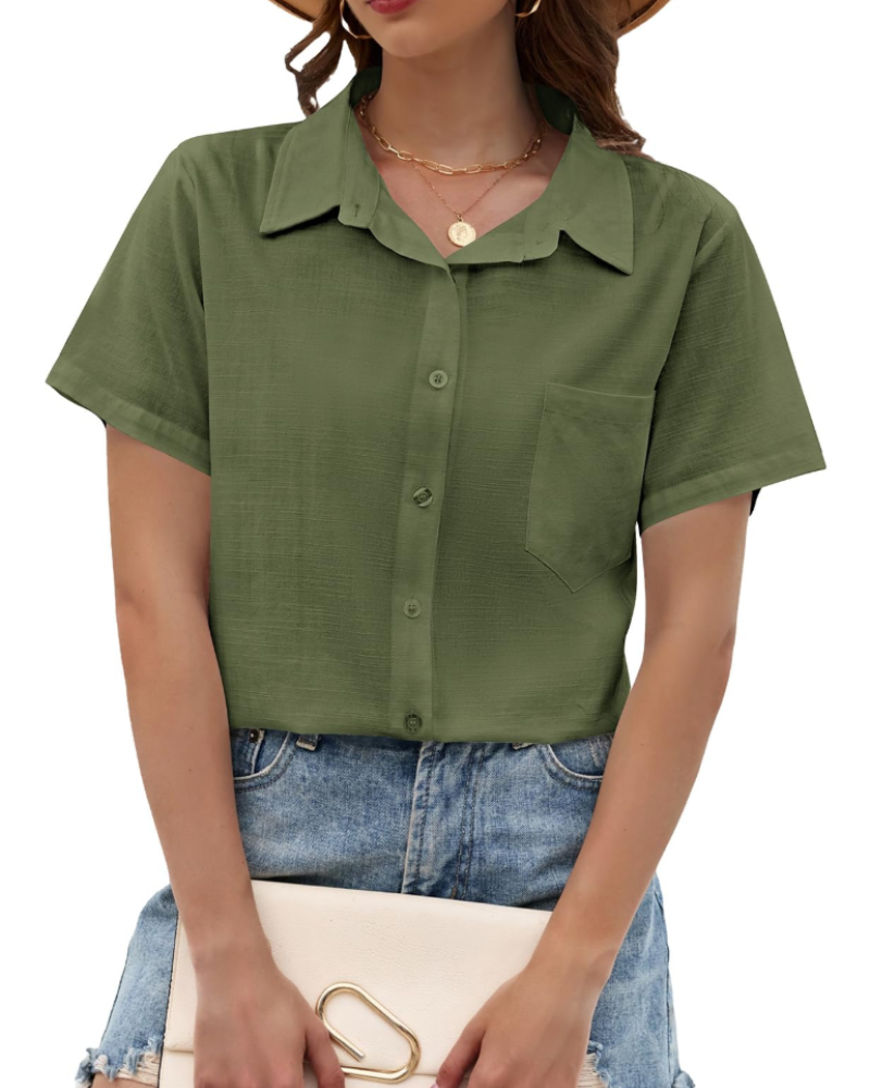 Kelsey Blouse Femme Été – Lin Coton Col V Boutons Manches Courtes