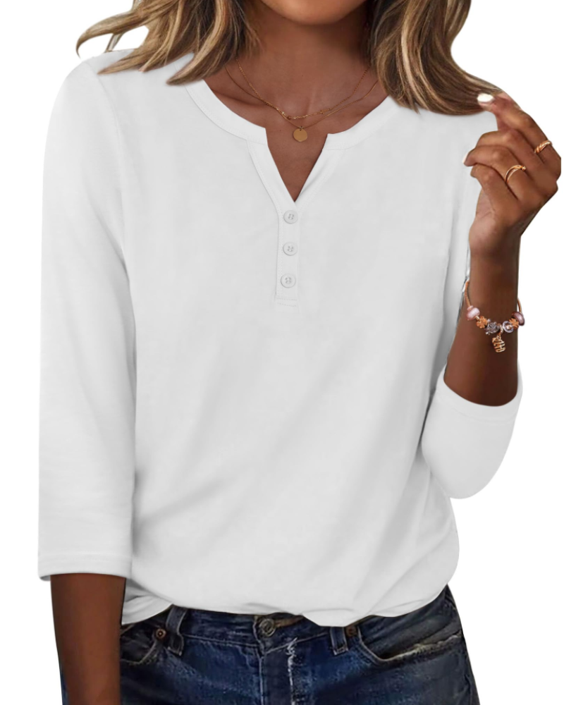 Valerie Blouse Femme Été – Satin Col V Manches 3/4 Boutonnée