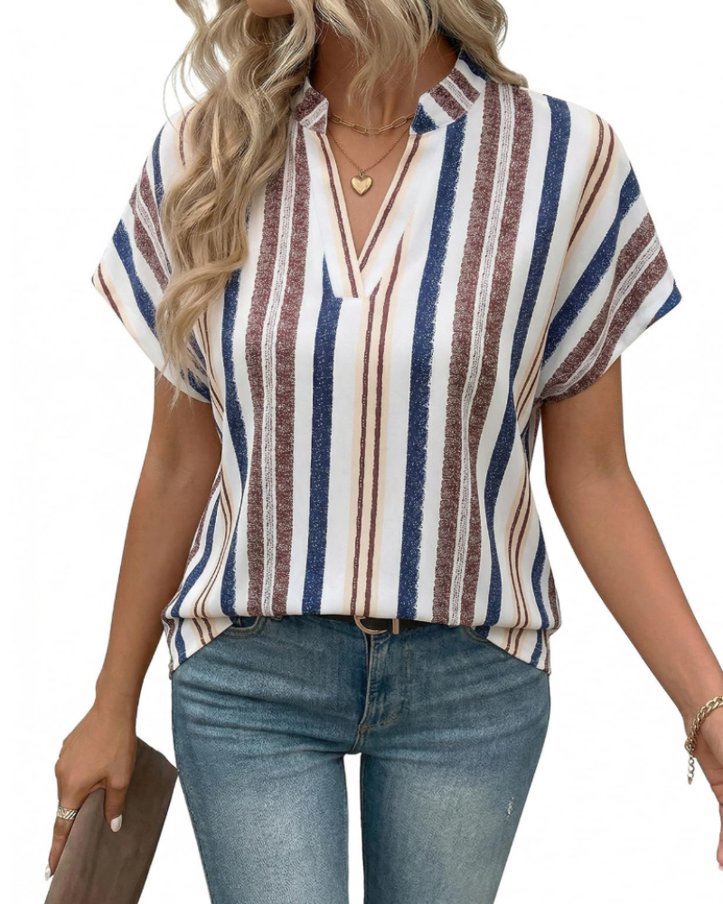 Bluza Phoebe pentru femei vară – Guler în V, cu dungi, mâneci scurte