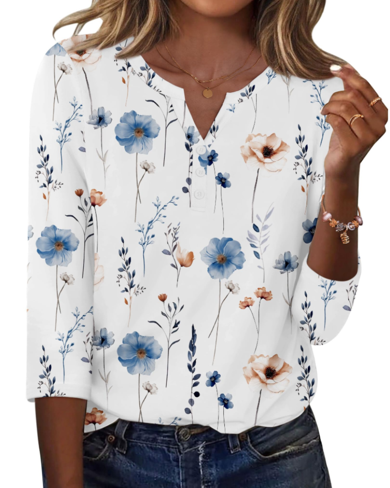 Valerie Blouse Femme Été – Satin Col V Manches 3/4 Boutonnée