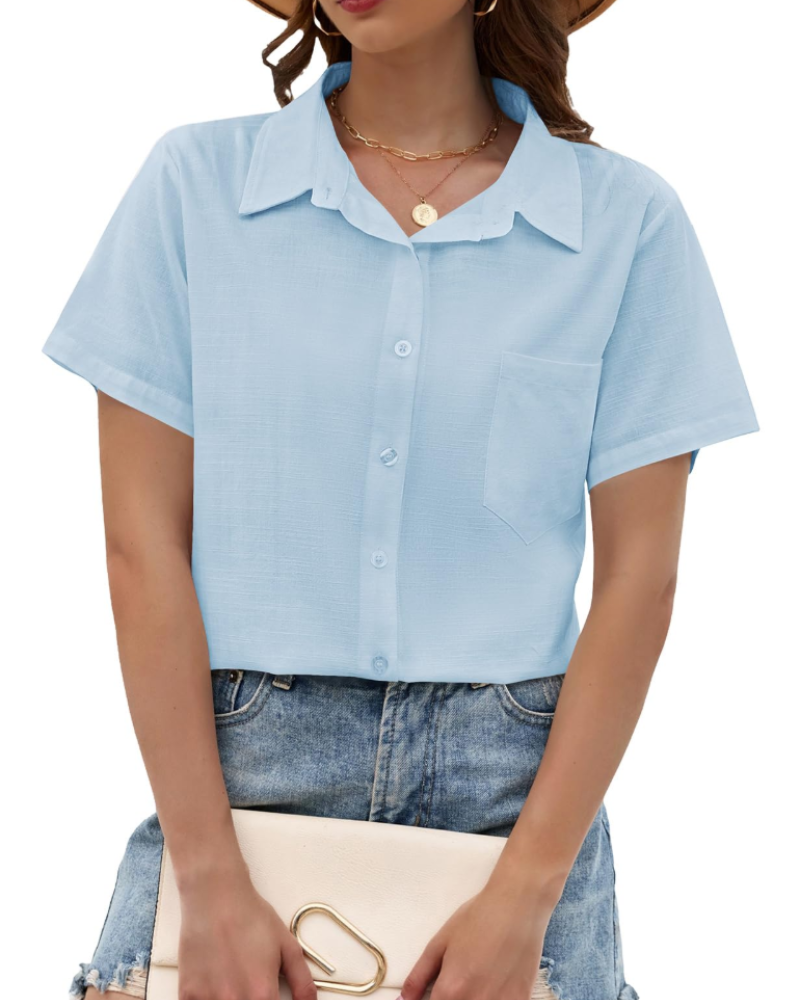 Kelsey Blouse Femme Été – Lin Coton Col V Boutons Manches Courtes