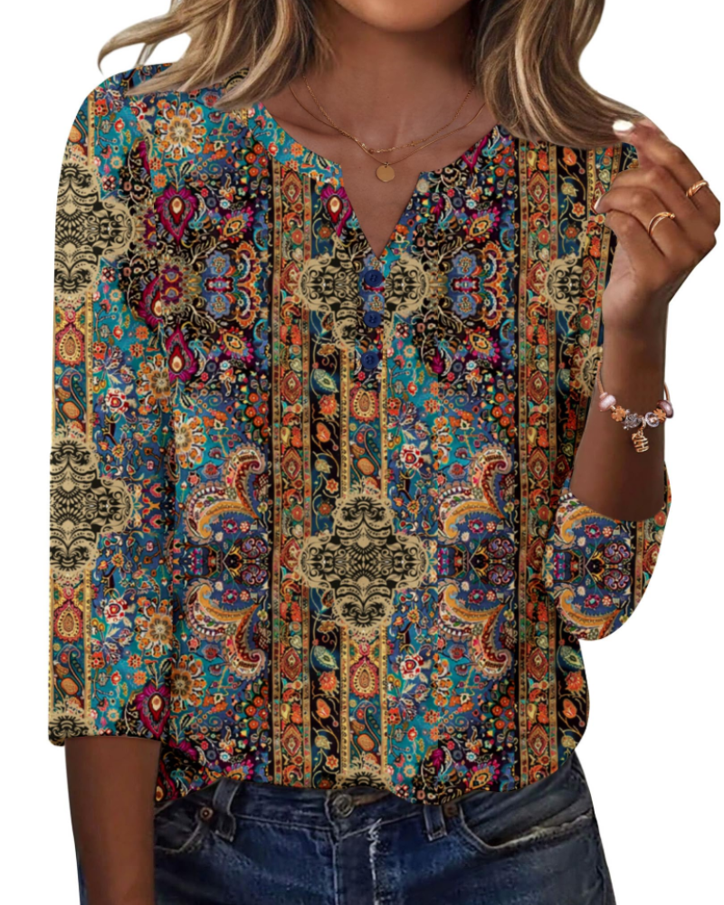 Valerie Blouse Femme Été – Satin Col V Manches 3/4 Boutonnée