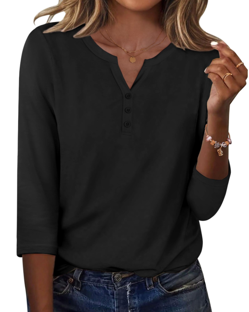 Valerie Blouse Femme Été – Satin Col V Manches 3/4 Boutonnée